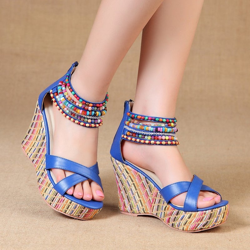 getmorebeauty Women's Navy Blue Weave Wedge With Pearls Across The Top Platform High Heels 9 US - Image 3